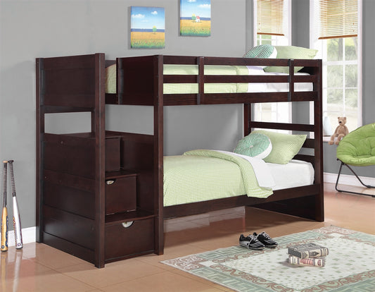 Coffee Bean Twin-Twin Bunk Bed with Built In Stairway Chest