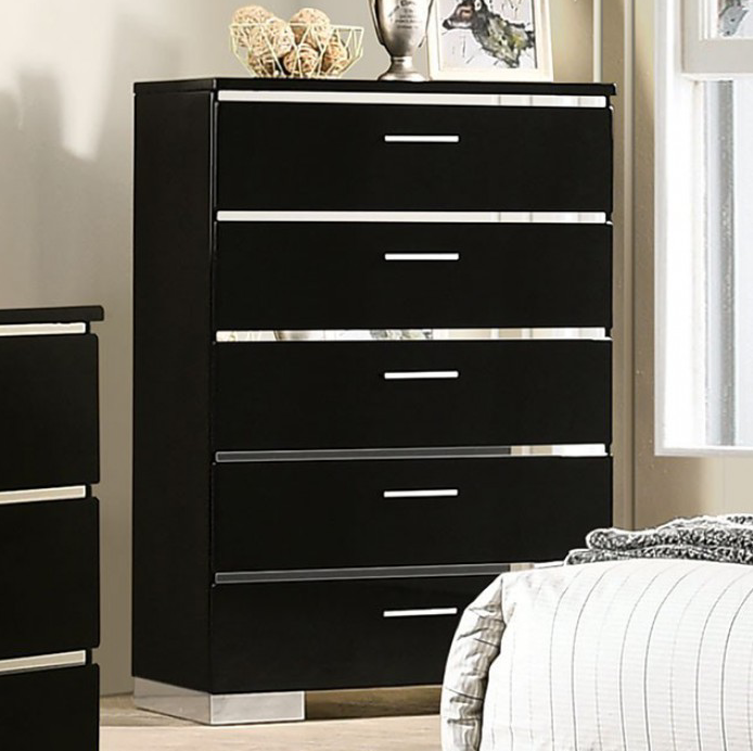 Carlie 5-Drawer Chest in Black High Gloss Finish w- Silver Accents