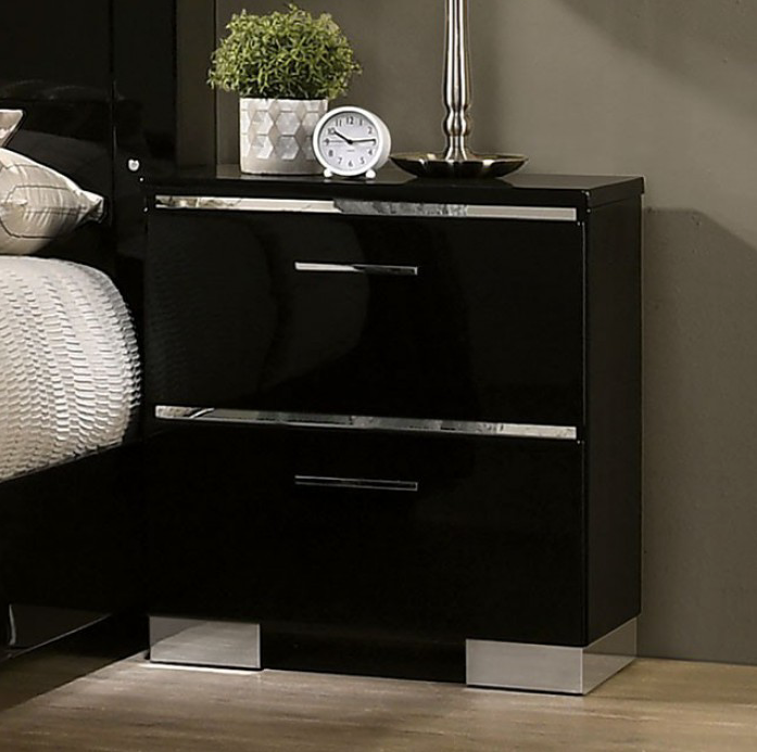 Carlie 2-Drawer Nightstand in Black High Gloss Finish w- Silver Accents Set of 2