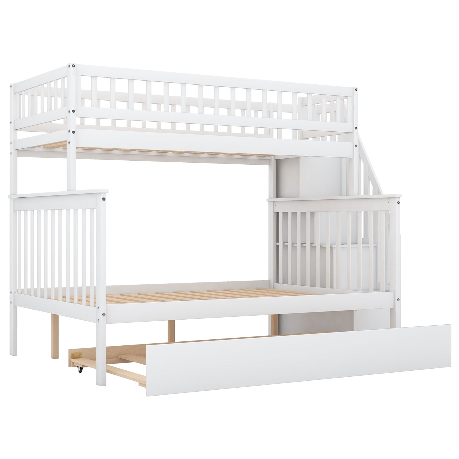 Twin over Full Bunk Bed with Trundle and Staircase - White