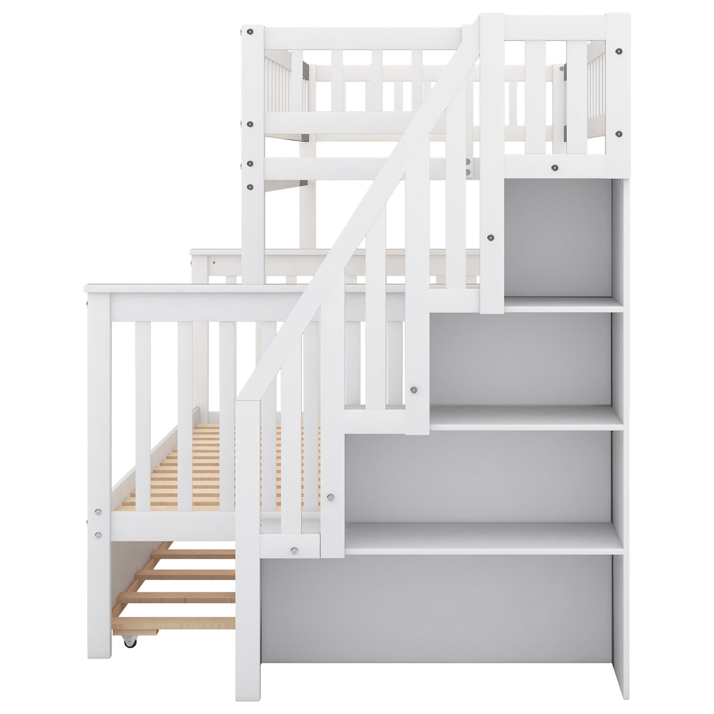 Twin over Full Bunk Bed with Trundle and Staircase - White