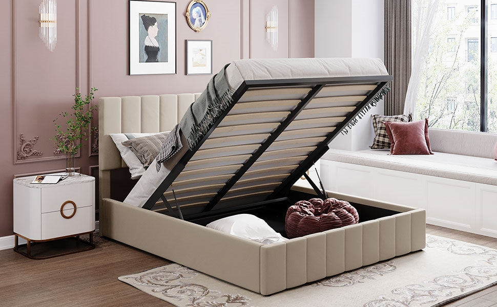 Destiny II Full Size Beige Linen Platform Bed with Storage