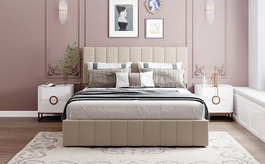 Lucky Furniture Destiny II Full Size Beige Linen Platform Bed with Storage