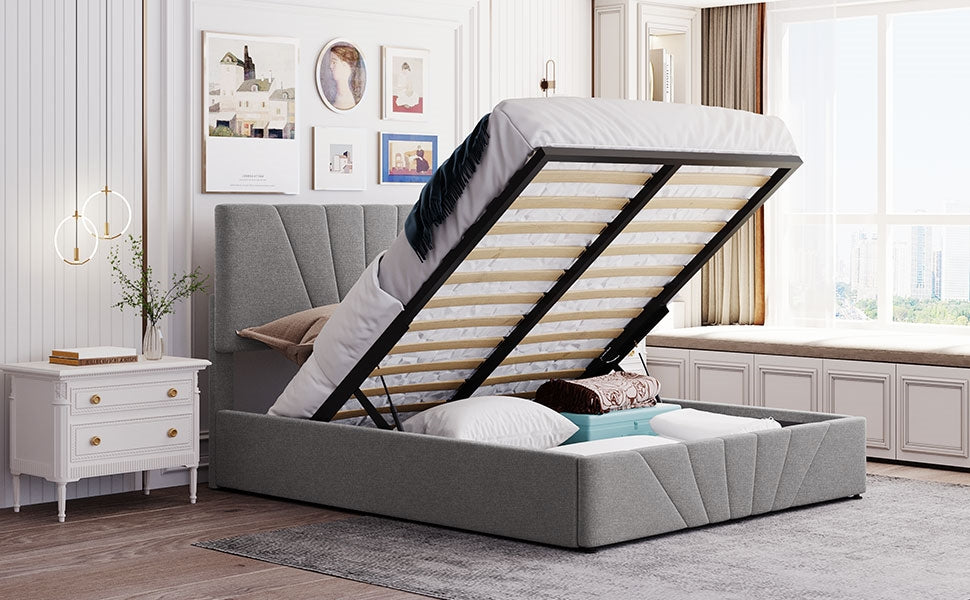 Destiny Full Size Gray Linen Platform Bed with Storage