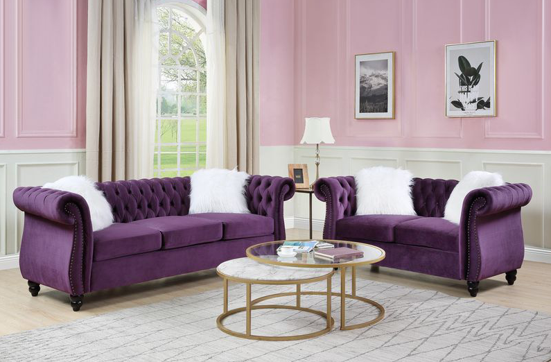 Thotton Traditional Flared Arm Sofa in Purple Velvet