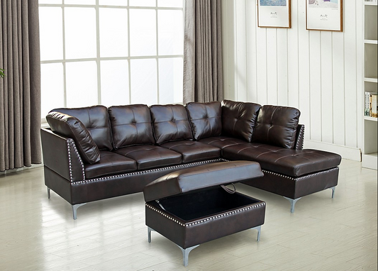 Neira Brown Leather Sectional & Ottoman Set - Charmax USA