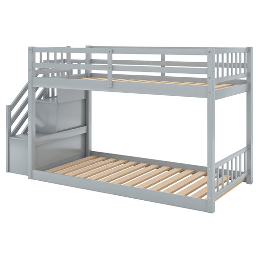 WM Store Twin over Twin Bunk Bed with Storage Staircase - Gray