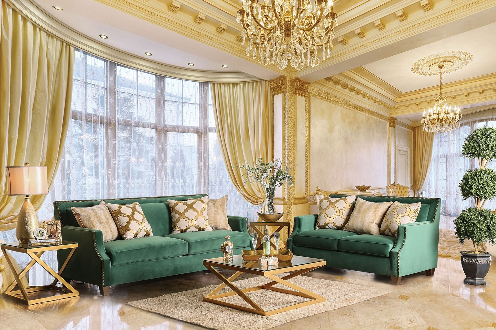 Verdante Emerald Green Microfiber Upholstered Sofa & Loveseat Set