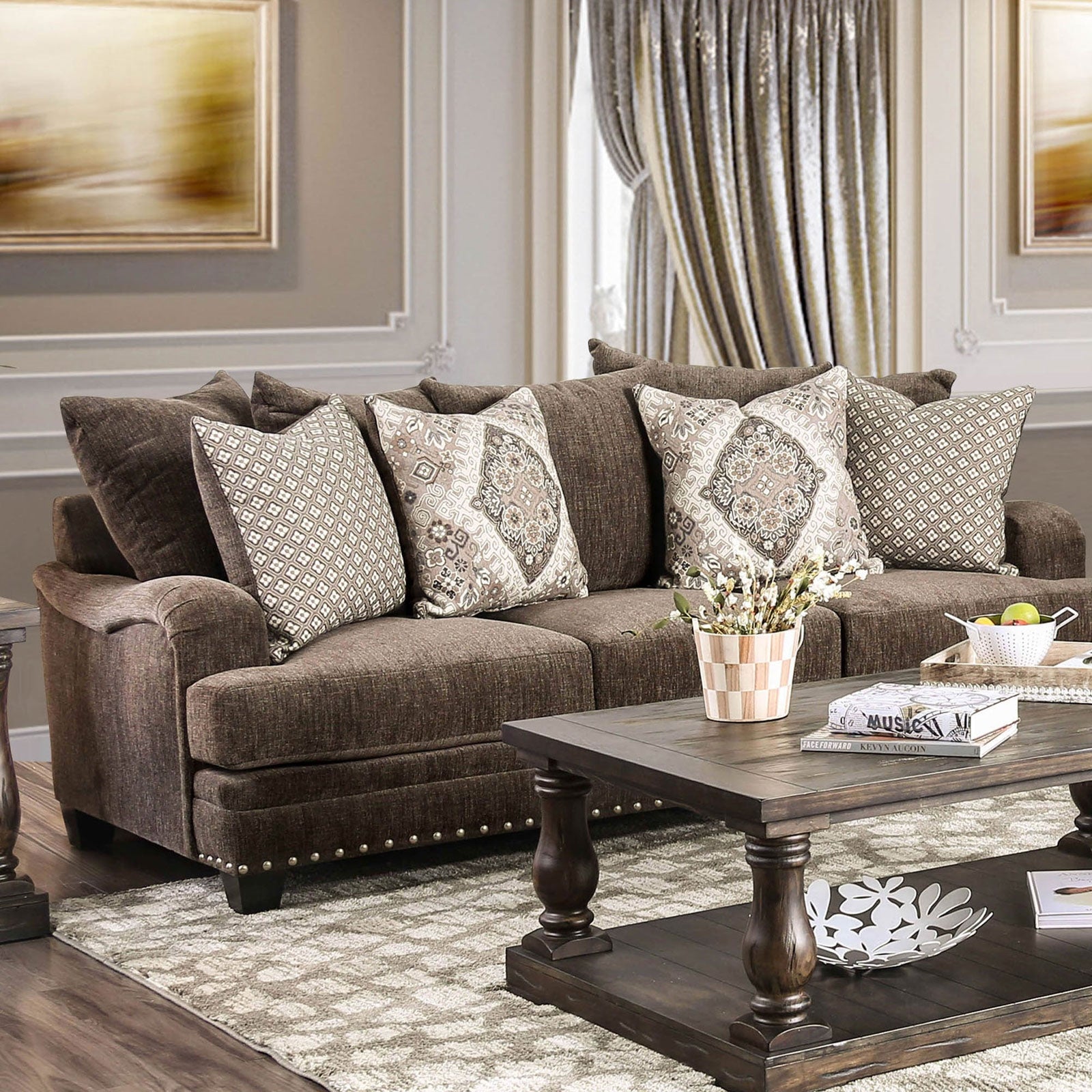Dark Brown Chenille Upholstered Sofa