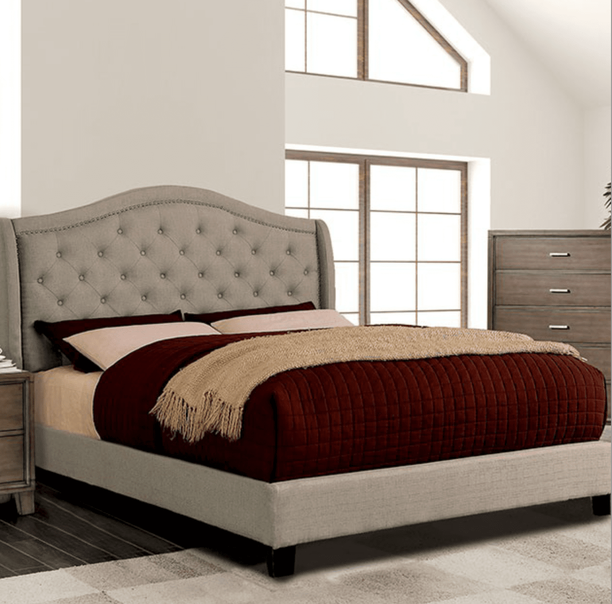 Carly Transitional Style Button Tufted King Platform Bed