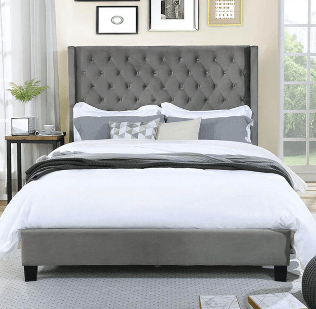 Ryleigh King Button Tufted Wingback Bed in Gray
