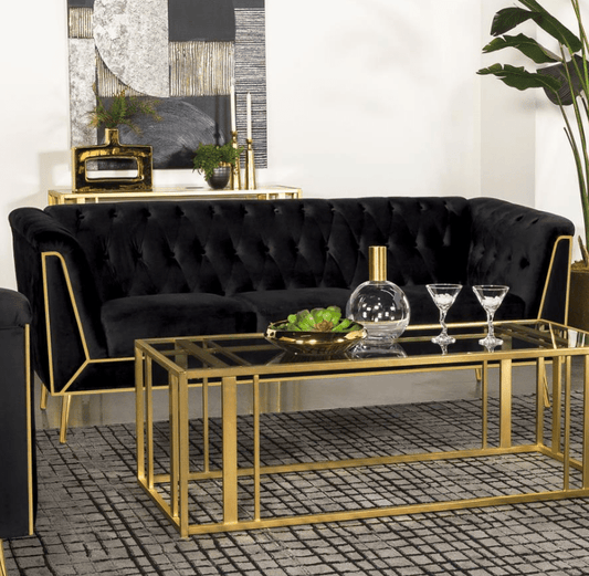 Modern Chesterfield Sofa in Black Velvet & Brass