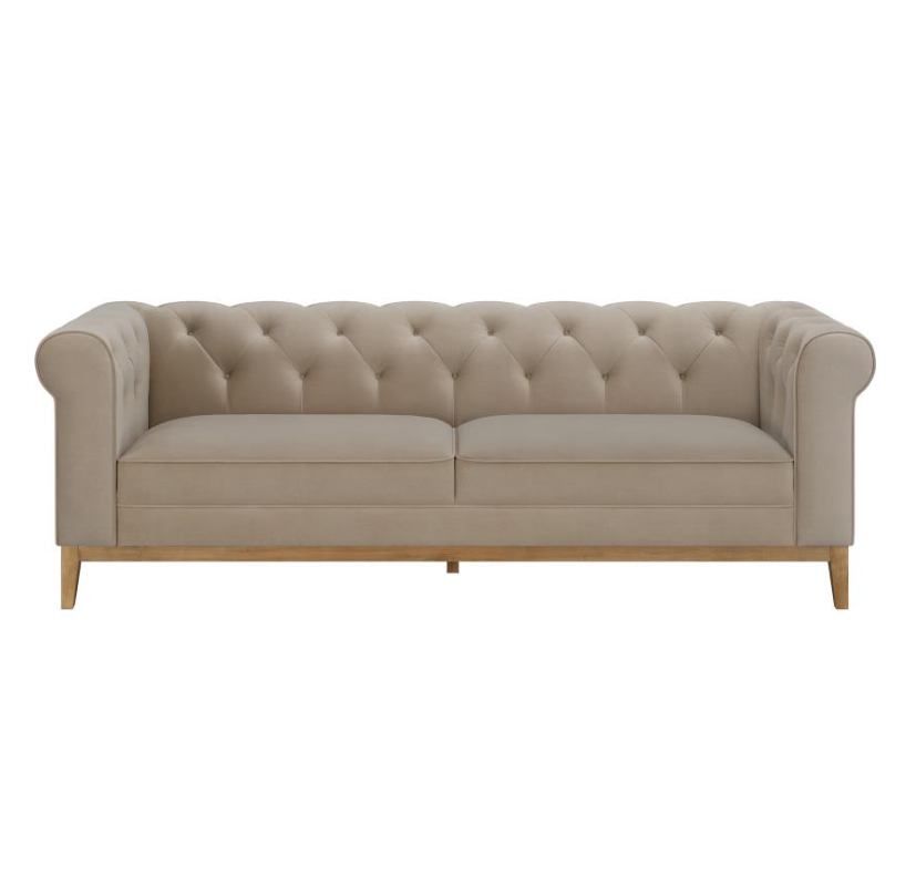 Langly Modern Chesterfield Sofa in Camel Velvet with Natural Base