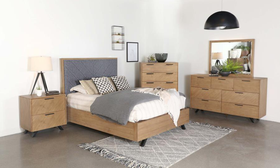Taylor Modern King Bed in Light Honey with Upholstered Headboard