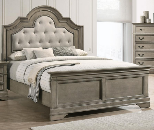 Manchester Bed with Upholstered Arched Headboard Beige and Wheat - Queen