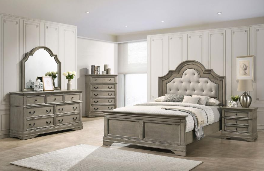 Manchester Bed with Upholstered Arched Headboard Beige and Wheat - Queen