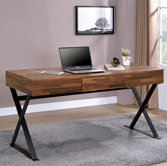 Tensed Industrial Writing Desk in Varied Natural Finish with Black Base