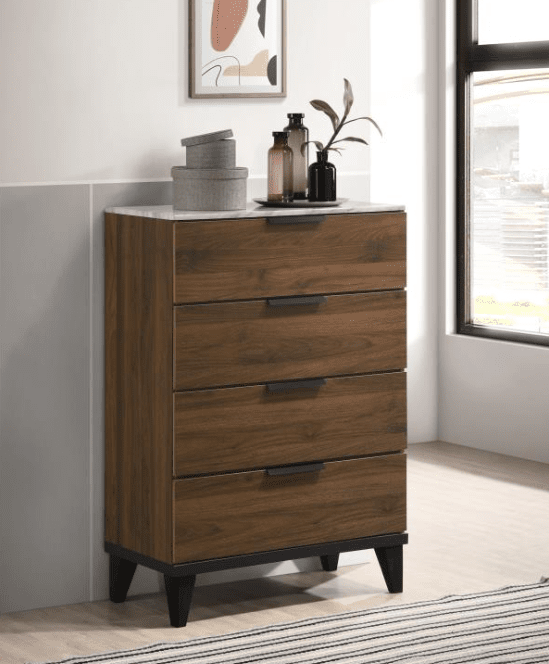 Mays 4-drawer Chest Walnut Brown with Faux Marble Top