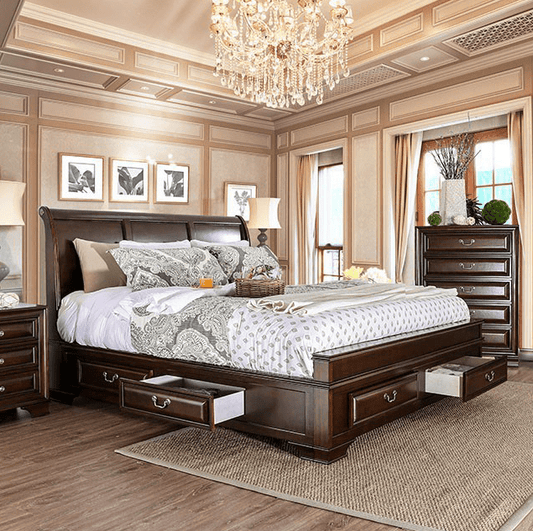 Brant Transitional Storage Bed with Cedar Lined Drawers in Brown Cherry