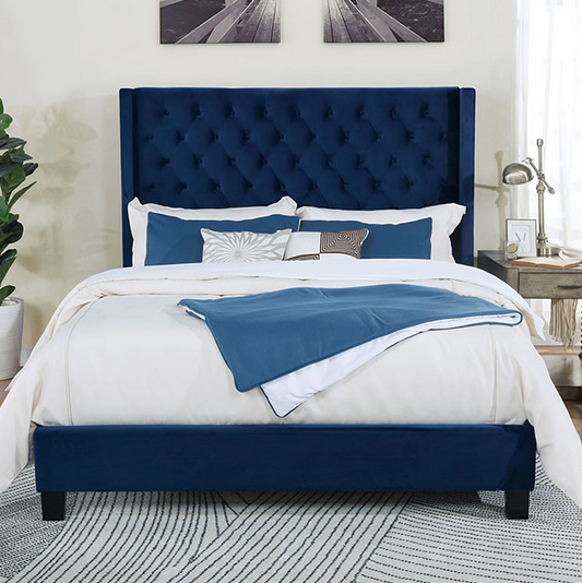 Ryleigh Queen Button Tufted Wingback Bed in Navy Blue