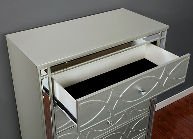 Manar 5-Drawer Chest in Silver with Mirror Accents