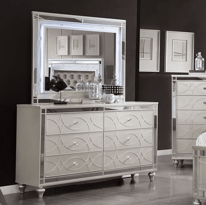 Manar 6-Drawer Dresser in Silver with Mirror Accents
