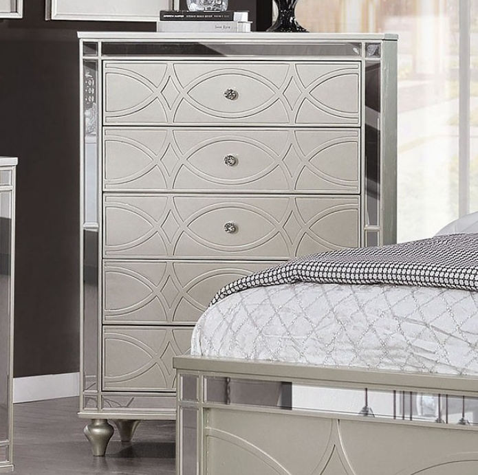 Manar 5-Drawer Chest in Silver with Mirror Accents