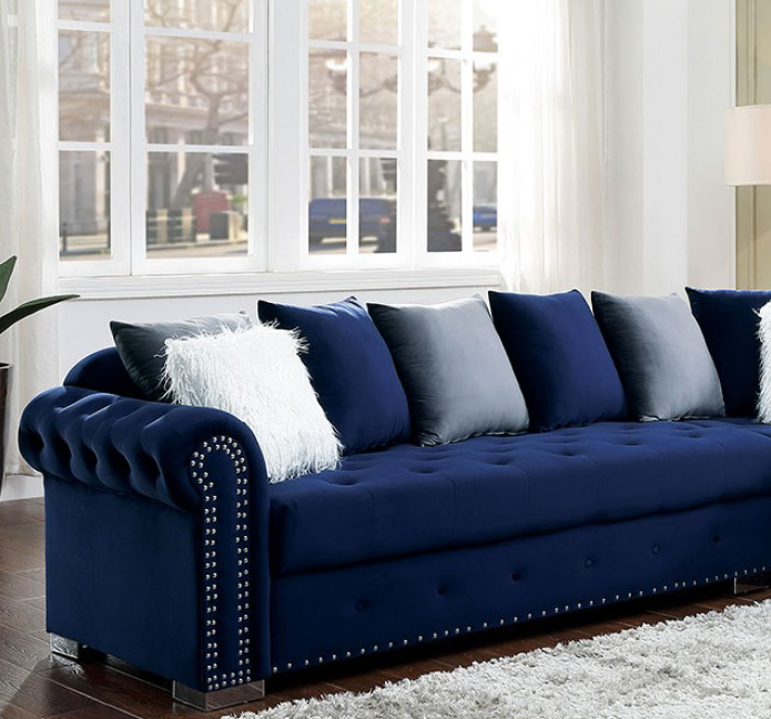 Wilmington Studded Velvet Glam Sectional in Blue