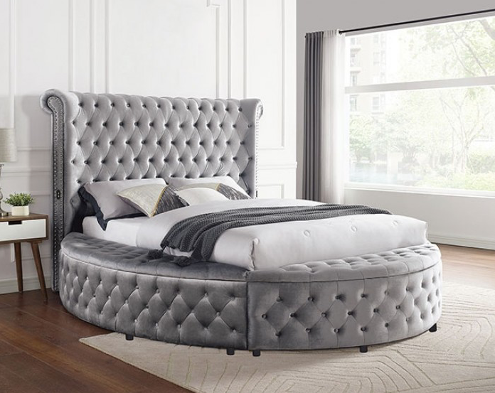 Sansom Gray Velvet Glam Bed - Furniture of America