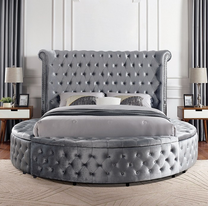 Sansom Gray Velvet Glam Bed - Furniture of America