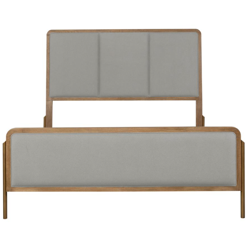 Elgen II Transitional King Bed in Wire Brushed Sand Finish & Upholstered Headboard