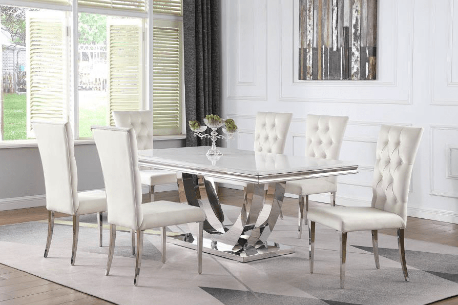 Kerwin Rectangle Faux Marble Top Dining Set White and Chrome