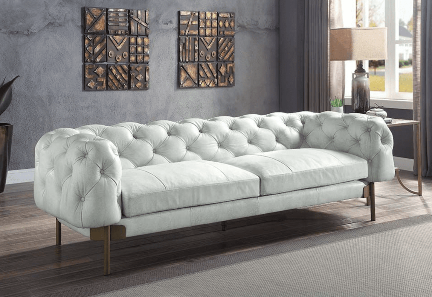 Ragle Modern Chesterfield Sofa in Vintage White Top Grain Leather