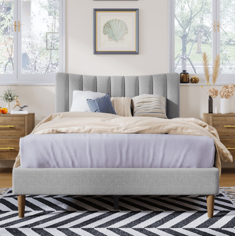 Bed Best Platform Bed Frame with Vertical Channel Tufted Headboard in Gray