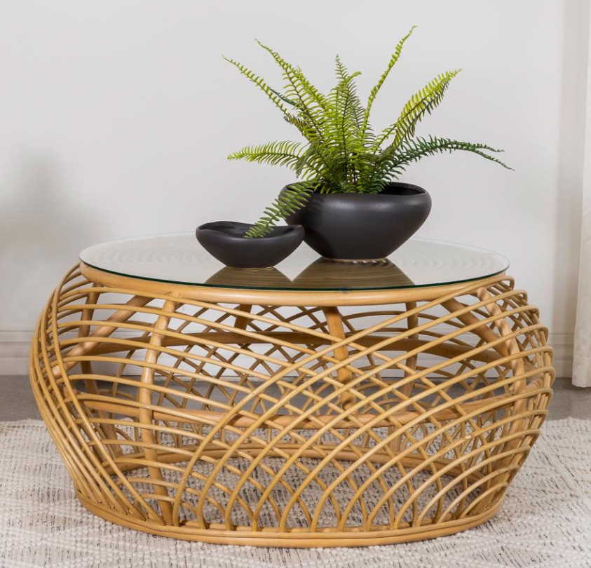 Natural Woven Rattan Coffee Table with Glass Top