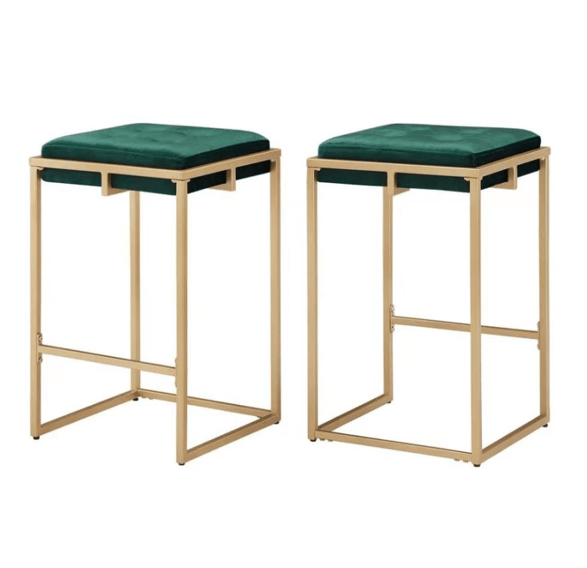 Nadia Square Padded Seat Counter Height Stool Set of 2 Hunter Green and Gold