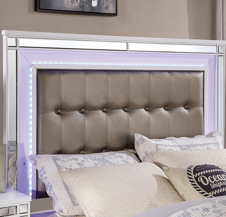 Brachium Contemporary Mirrored Queen Panel Bed with LED Lights