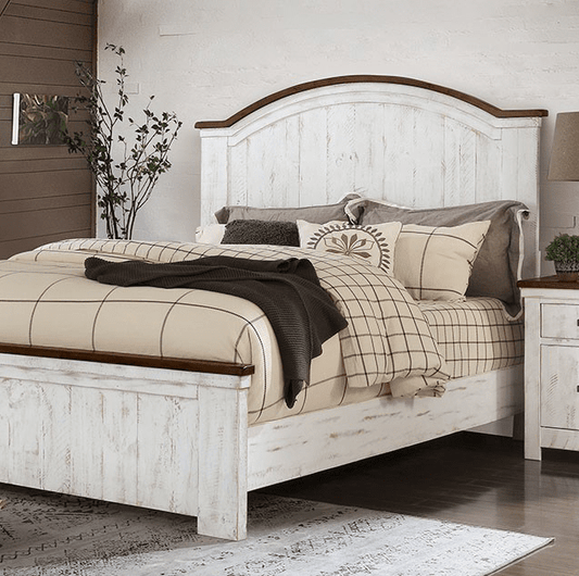 Alyson Transitional Bed in Distressed White & Walnut - King