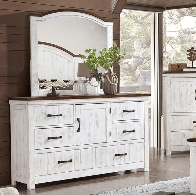 Alyson Transitional Bedroom Collection in Distressed White & Walnut - Queen