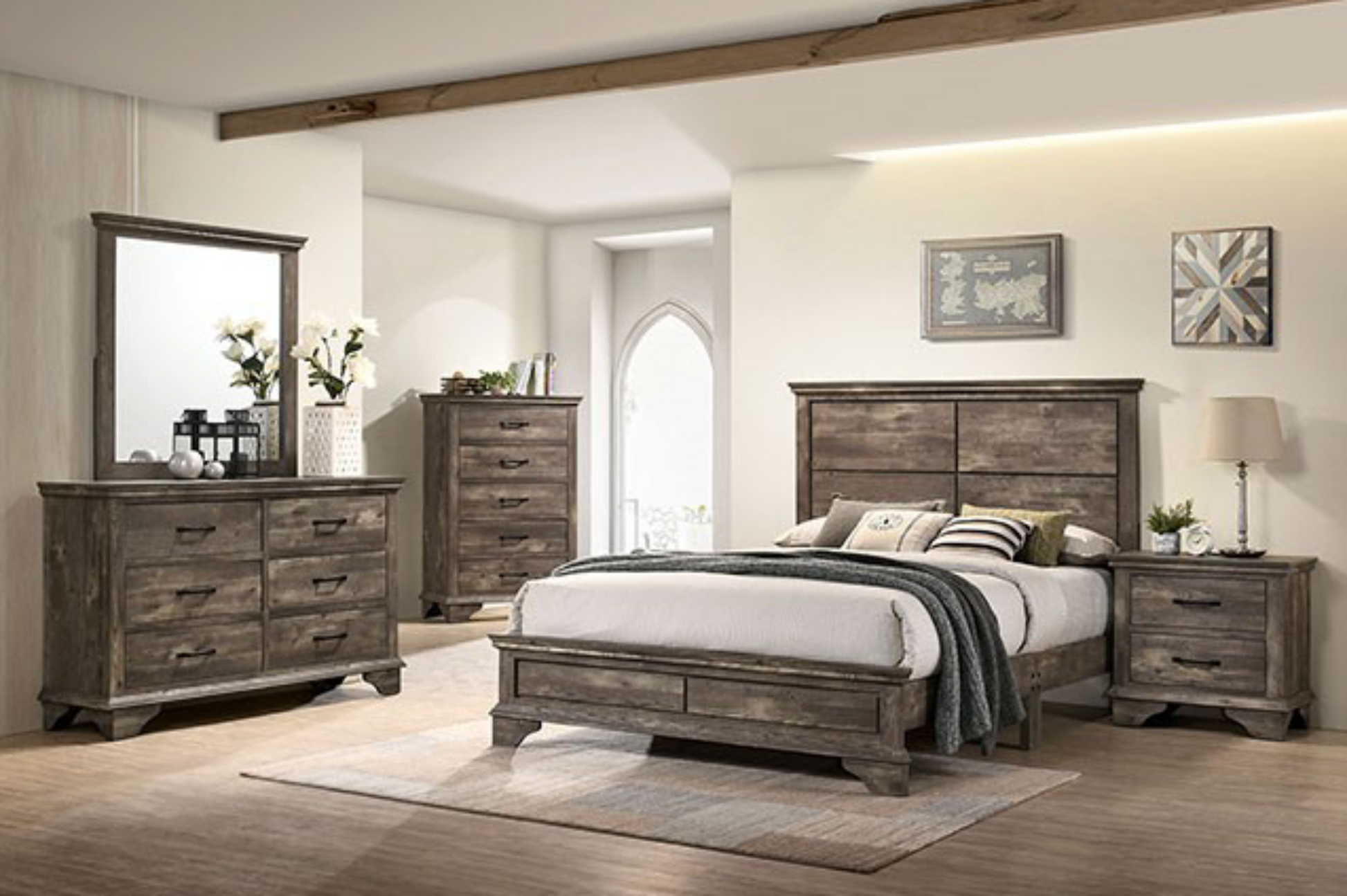 Fortworth Rustic Transitional King Panel Bedroom Set in Gray Finish