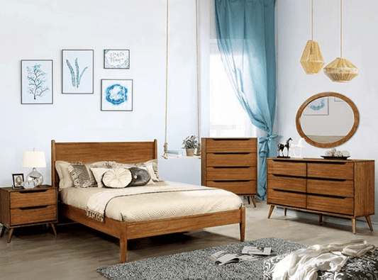 Lennart II Oak Finish Mid-Century Modern Queen Platform Bed