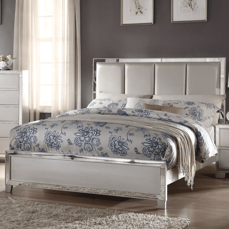 Voeville King Bed in Platinum with Mirrored Accents
