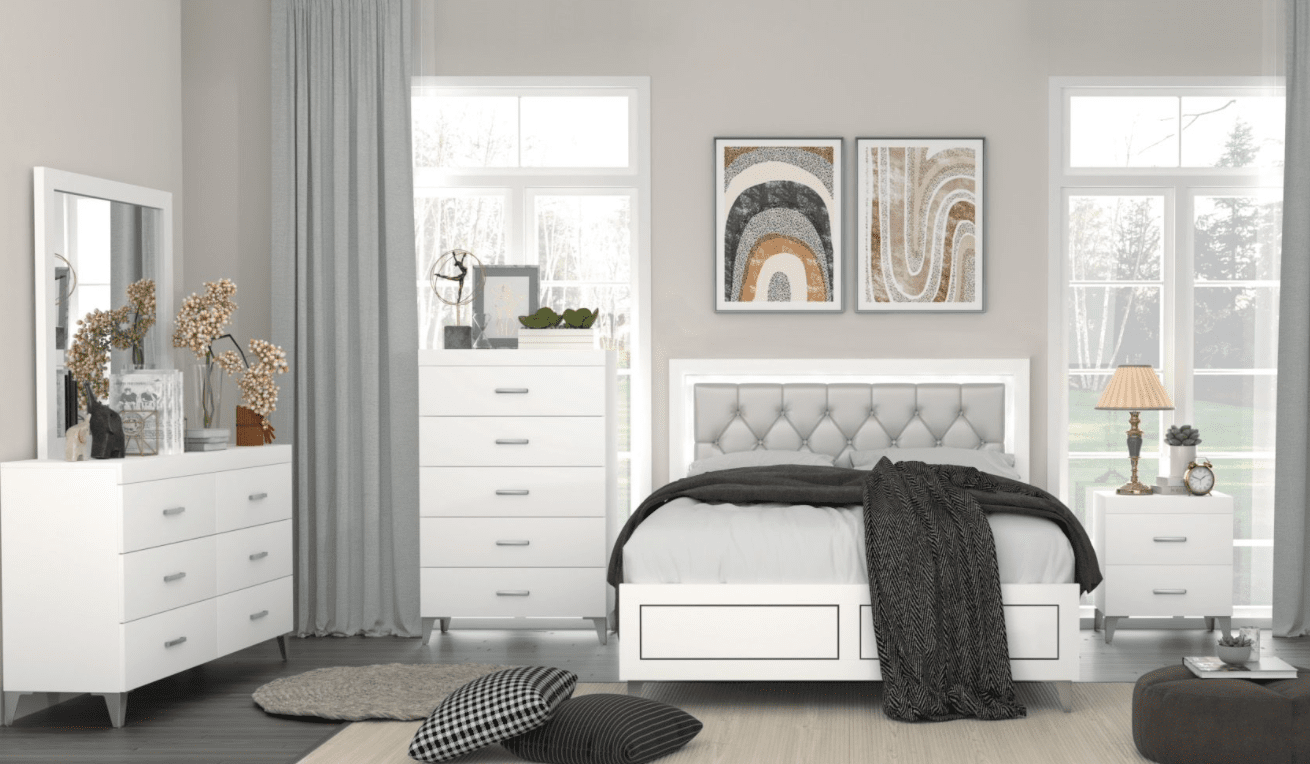 Casilda Collection Contemporary Bed in White with Gray Headboard - King