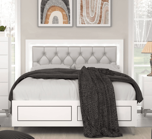 Casilda Collection Contemporary Bed in White with Gray Headboard - Queen