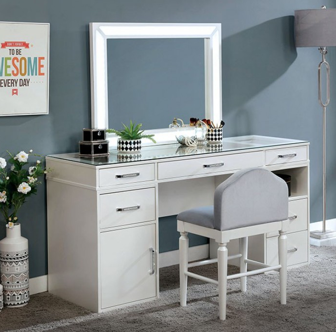 Vickie Vanity Set in White with Jeweled Handles