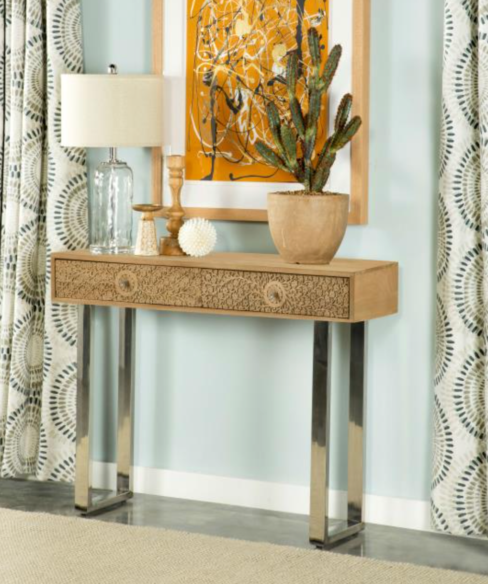 Draco Console Table With Hand Carved Drawers Natural