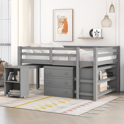 Homey Life Low Twin Loft Bed with Cabinet and Rolling Portable Desk - White