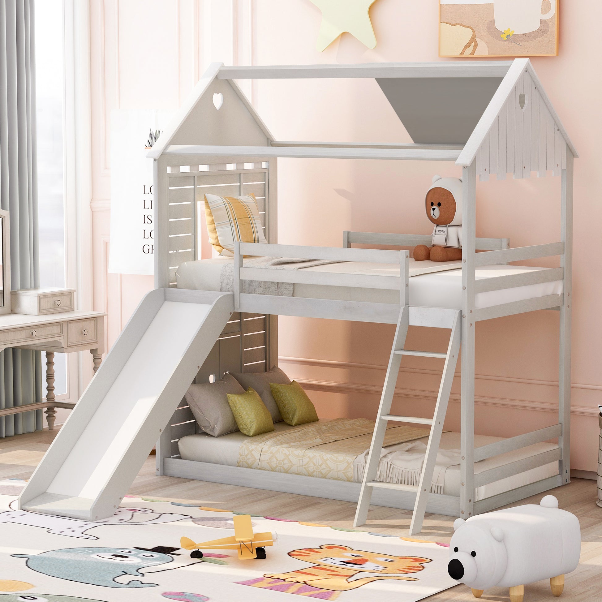 Twin Over Twin Bunk Bed Wood Bed with Roof & Slide - Antique White