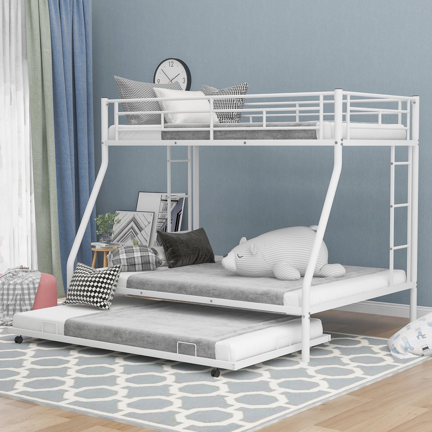 Twin over Full Metal Bunk Bed with Twin Trundle in White