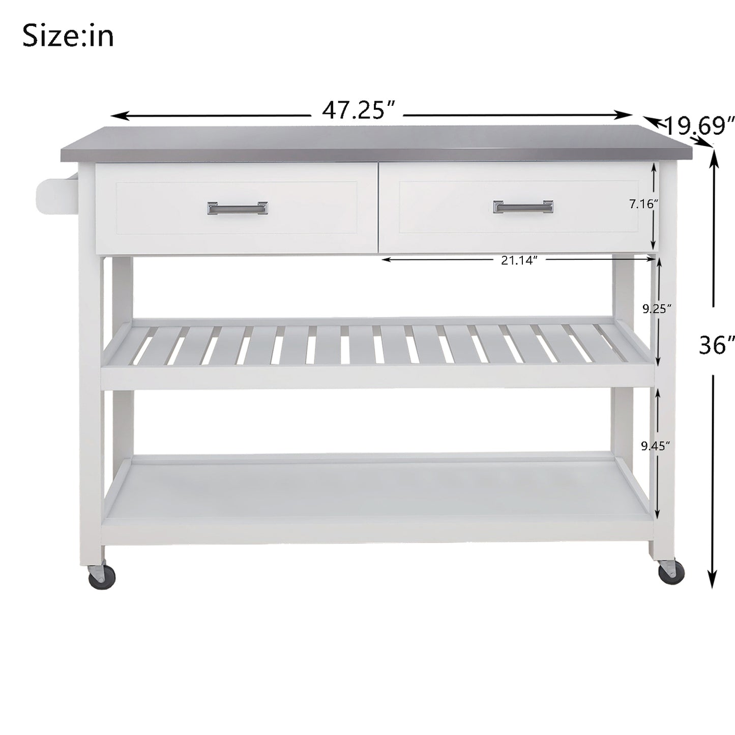 White Kitchen Cart with Stainless Steel Table Top & 2 Drawers